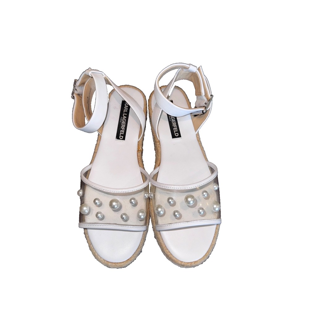 KARL LAGERFELD Adalina Women espadrille Sandal Size 7 EU 37.5 ankle strap pearls